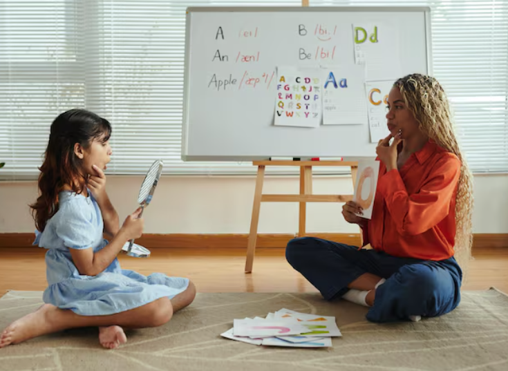 A girl practicing english at home