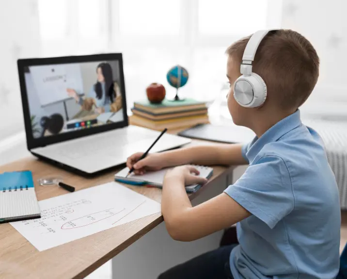 a boy attending online spoken english classes
