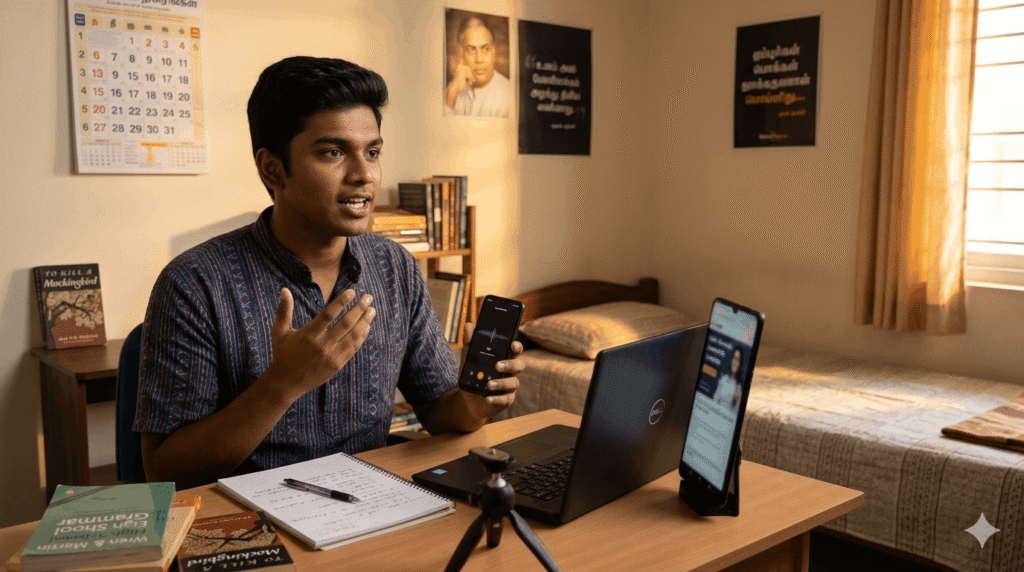  a boy Record a 1-minute voice note in English on his phone daily