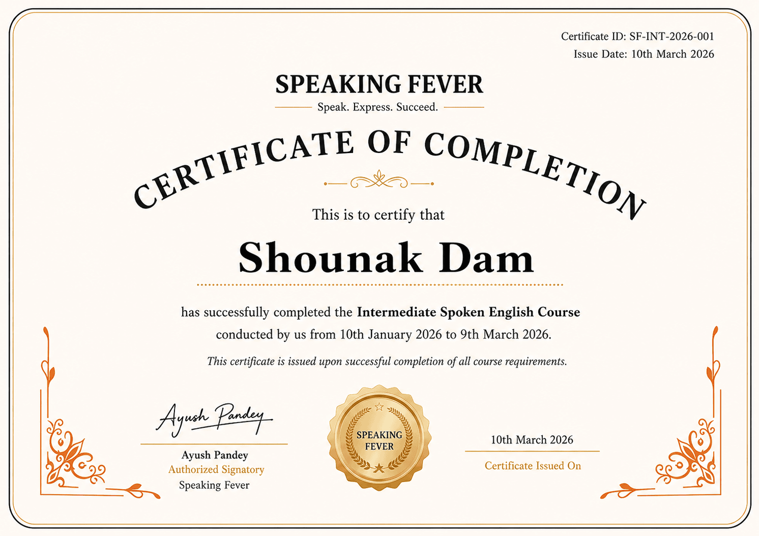Speaking Fever Course Completion Certificate